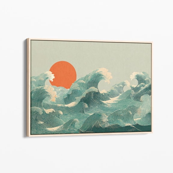 Velto Japanese Sunset Wave Canvas Print | Sea Sun Decor | Canvas | Waves Japindi Art | Blue And Orange | Beach House Decor | Jsw5 Canvas, 12x16 UNFRAMED