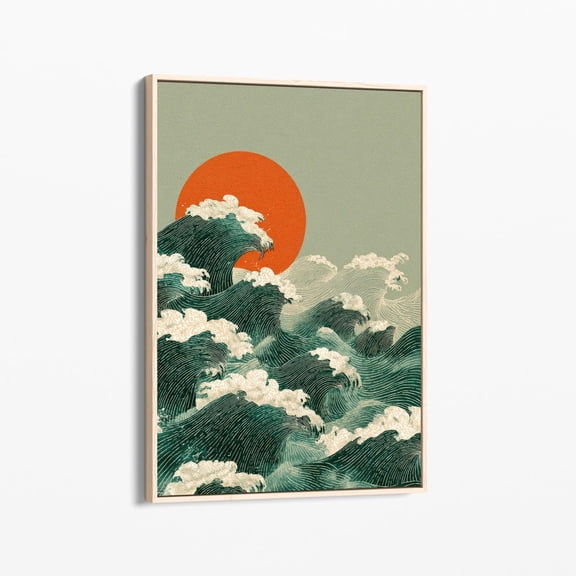 Velto Japanese Sunset Wave Canvas Print | Sea Sun Decor | Canvas | Waves Japindi Art | Blue And Orange | Beach House Decor | Jsw6 Canvas, 12x16 UNFRAMED