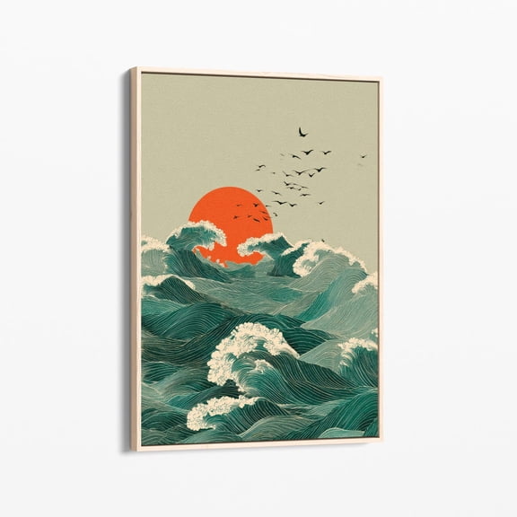 Velto Japanese Sunset Wave Canvas Print | Sea Sun Decor | Canvas | Waves Japindi Art | Blue And Orange | Beach House Decor | Jsw8 Canvas, 16x24 UNFRAMED