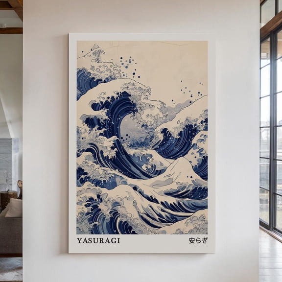 Velto Japanese Wave Art Canvas, Blue Ocean Waves and Kanji in Zen Minimalist Style, SIZE 8x12 INCLUDE Pine Wood Frame 1.25-Inch
