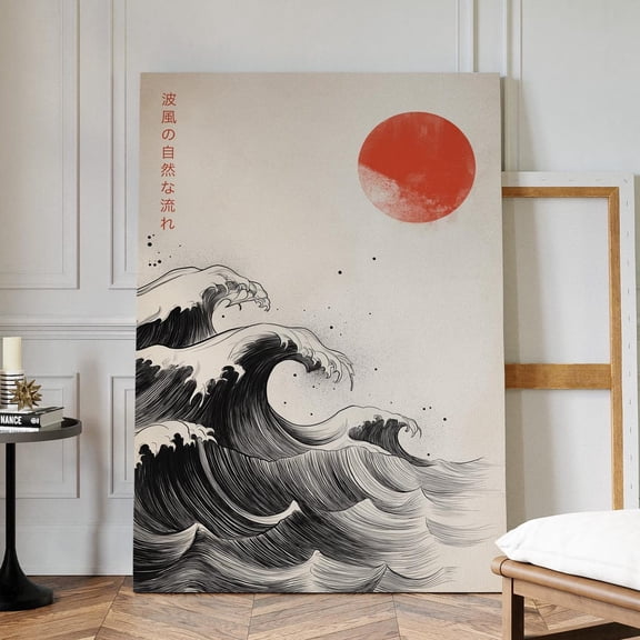 Velto Japanese Wave Haiku Canvas, Red Sun and Ocean in Zen Ink Wash Style, SIZE 8x10 INCLUDE Pine Wood Frame 1.25-Inch