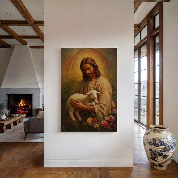 Velto Jesus Holding Lamb With Radiant Rainbow - Christian Wall Art - Religious Decor - Inspirational Faith Artwork Canvas, 16x24 UNFRAMED