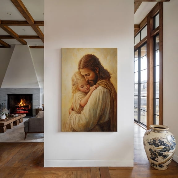 Velto Jesus Hugging A Child Canvas Art - Christian Wall Decor - Inspirational Faith Artwork For Home Or Church Canvas, 12x18 0.75-Inch Pine Wood Frame