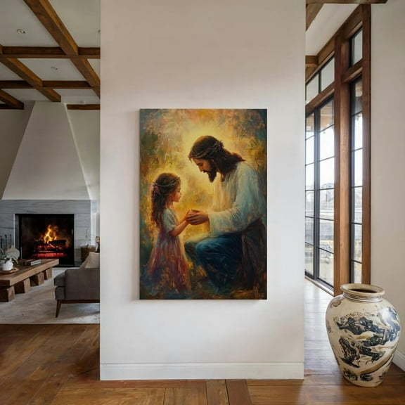 Velto Jesus Kneeling With Child Canvas Wall Art Emotional Spiritual Décor Canvas, SIZE 8x10 INCLUDE Pine Wood Frame 1.25-Inch