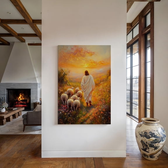 Velto Jesus Leading Sheep Canvas Art - Inspirational Christian Wall Decor - Peaceful Pastoral Scene With Sunset Glow Canvas, 12x18 UNFRAMED