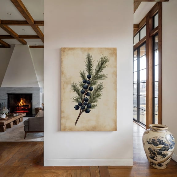Velto Juniper Botanical Wall Art, Vintage Style Pine Branch With Berries, Rustic Farmhouse Winter In Neutral Tones, Home And Bedroom Decor