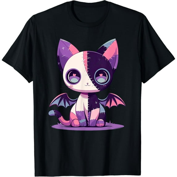 Velto Kawaii Pastel Goth Creepy Cute Witchy Zombie Patchwork Cat T-Shirt All Size S-5XL