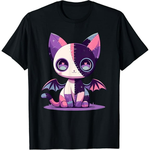 Velto Kawaii Pastel Goth Creepy Cute Witchy Zombie Patchwork Cat T-Shirt All Size S-5XL