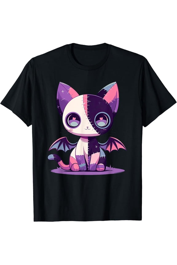 Kawaii Pastel Goth Creepy Cute Witchy Zombie Patchwork Cat T-Shirt All Size S-5XL