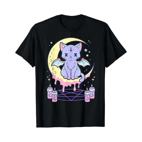 Velto Kawaii Pastel Goth Cute Creepy Black Cat T-Shirt All Size S-5XL