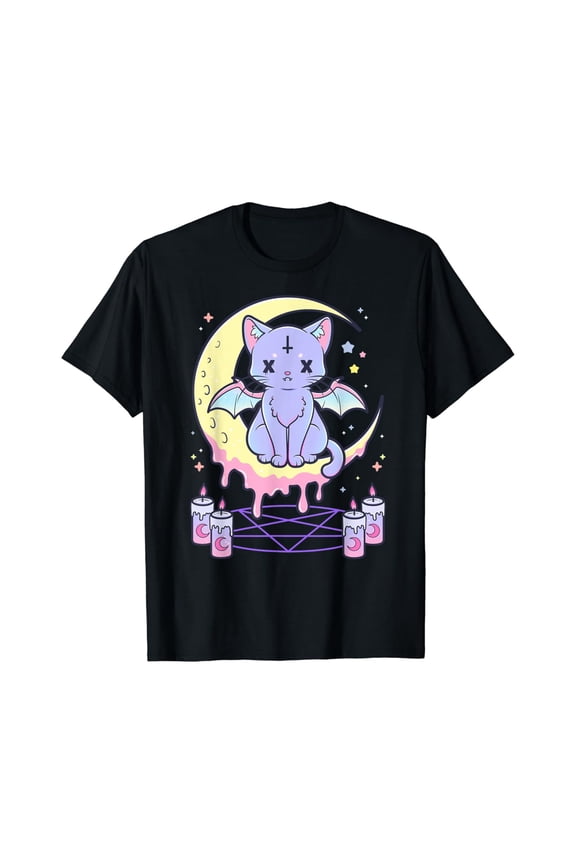 Kawaii Pastel Goth Cute Creepy Black Cat T-Shirt All Size S-5XL