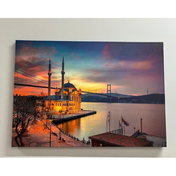 Velto Landscape Art, Cityscape, Sea, Sunset Canvas, Islamic Art, Mosque Art, Seascape Art Canvas, City Canvas, 8x12 0.75-Inch Pine Wood Frame