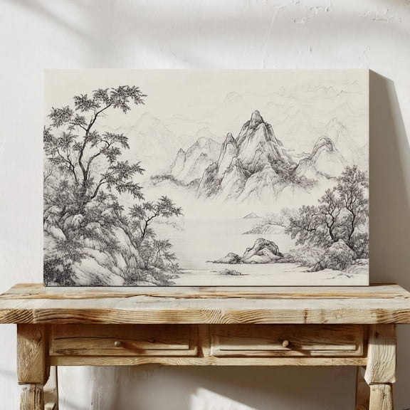 Velto Landscape Ink Drawing Canvas Wall Art Traditional Black and White Mountain Serene Nature Scene, SIZE 16x24 INCLUDE Pine Wood Frame 0.75-Inch