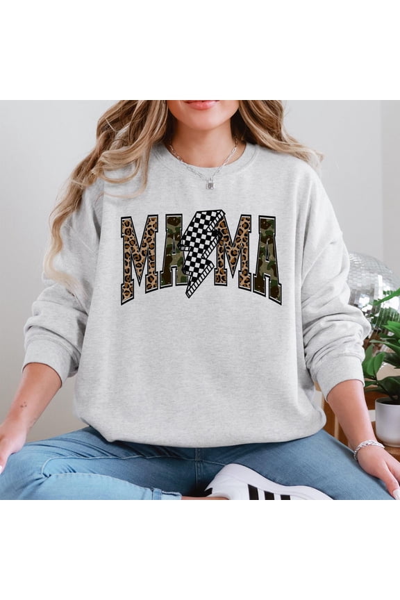 Leopard Camo Checkered Lightning Bolt Mama Sweatshirt for Mom Gift Full size S-5XL