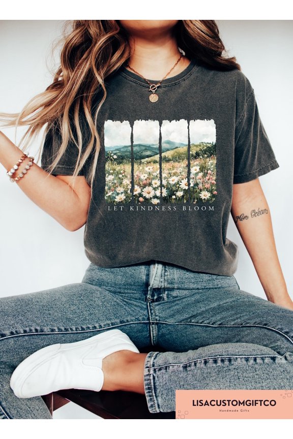 Let Kindness Bloom Graphic T-shirt Retro Inspirational Floral Casual Outfit for Women, Full Size S-5XL