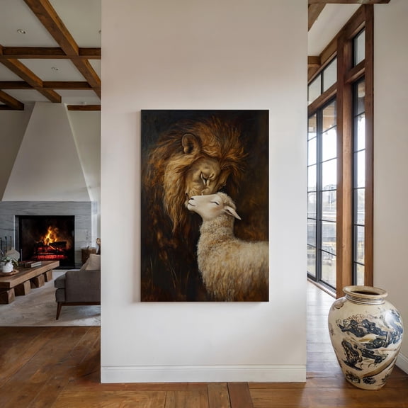 Velto Lion and Lamb Canvas Wall Art - Symbol of Peace and Unity for Home and Office, SIZE 12x18 INCLUDE Pine Wood Frame 1.25-Inch