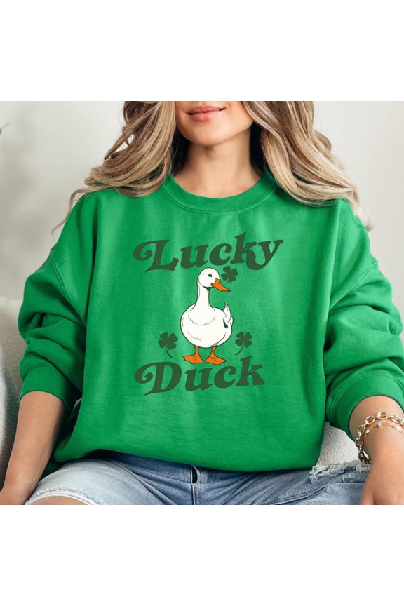 Lucky Duck St. Patrick Day Swea| Mallard and Shamrocks | Shamrock and Duck Printed Paddys Day Swea| Irish Day Sweatshirt Full Size S-5XL
