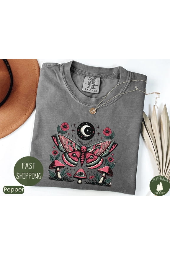 Luna Moth Graphic Tshirt Celestial Cottagecore Inspired Casual Outfit Mystical Boho Moon Phase Wear, Full Size S-5XL
