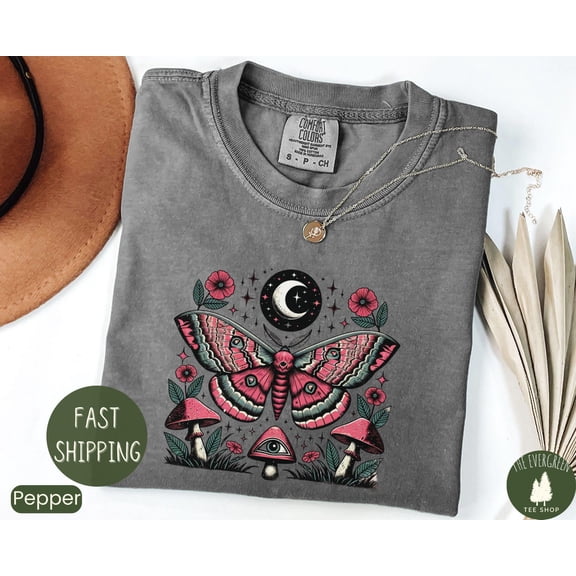 Velto Luna Moth Graphic Tshirt Celestial Cottagecore Inspired Casual Outfit Mystical Boho Moon Phase Wear, Full Size S-5XL