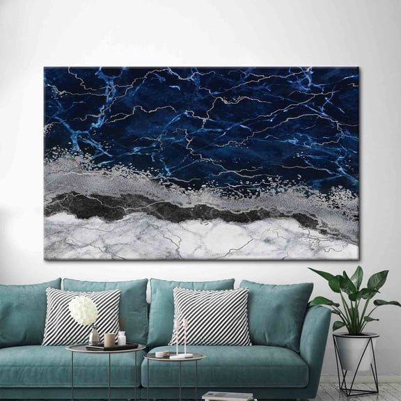 Velto Luxury Marble Wall Art, Blue And Silver, Abstract Modern Contemporary, Modern Living Room And Office Decor