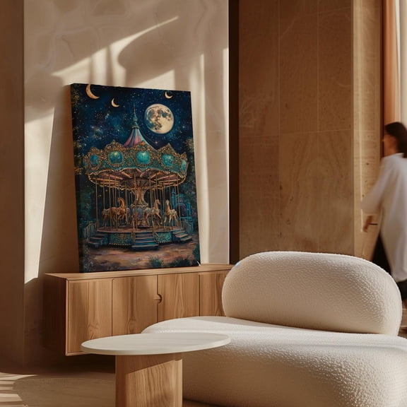 Velto Magical Carousel Canvas Art Enchanting Fairground Ride Illustration Moonlit Sky Vintage Starry Inspired Wall Decor, SIZE 8x10 INCLUDE Pine Wood Frame 1.25-Inch