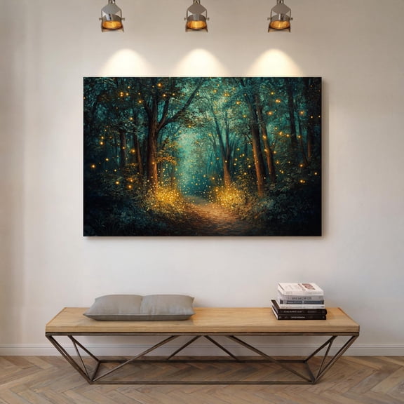 Velto Magical Firefly Forest Path - Glowing Woodland Night Scene, Enchanted Fairy Lights Landscape Wall Art For Nature Lovers Canvas, 12x16 0.75-Inch Pine Wood Frame
