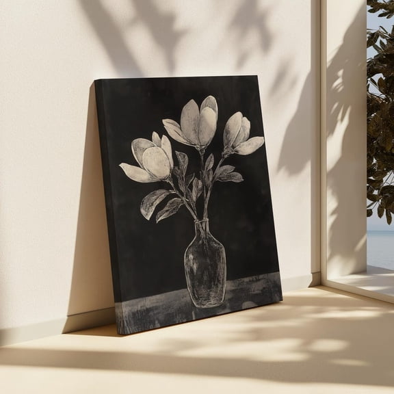 Velto Magnolia Flower Canvas Wall Art Botanical Line Etching Modern Floral Artwork Etched Nature Inspired Decoration, SIZE 16x24 INCLUDE Pine Wood Frame 1.25-Inch