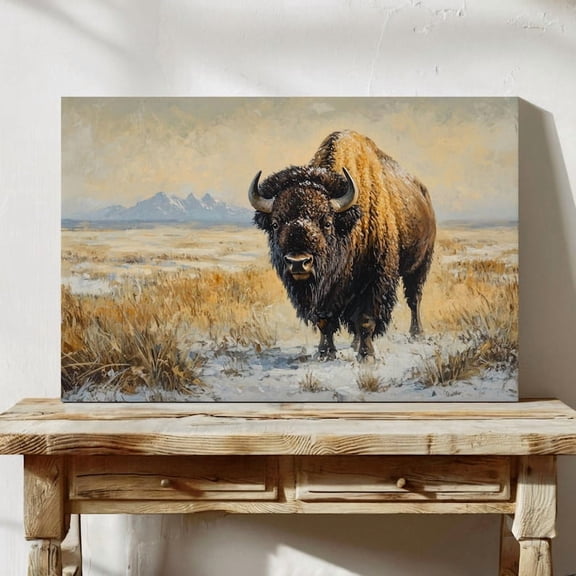 Velto Majestic Bison Canvas Art Rustic Western Wall Decor Wildlife Art for Lodge or Cabin Vintage Prairie Landscape Canvas, SIZE 16x24 INCLUDE Pine Wood Frame 1.25-Inch