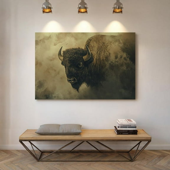 Velto Majestic Bison Canvas Art - Wild Buffalo in Mist, Rustic Western Wildlife Wall Art, SIZE 12x18 INCLUDE Pine Wood Frame 1.25-Inch