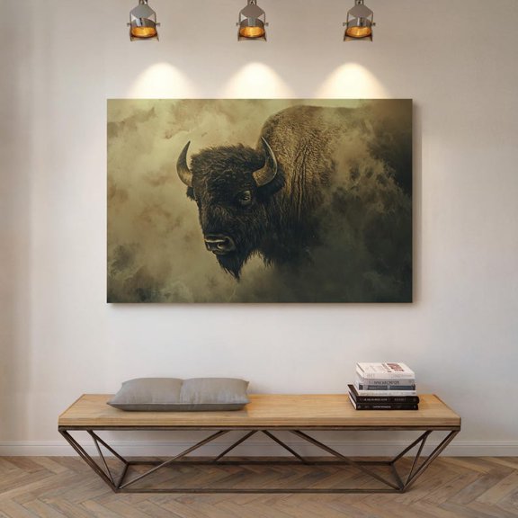 Velto Majestic Bison Canvas Art - Wild Buffalo in Mist, Rustic Western Wildlife Wall Art, SIZE 16x24 INCLUDE Pine Wood Frame 1.25-Inch