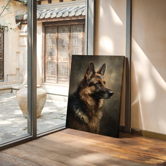Velto Majestic German Shepherd Canvas Art - Regal Dog Portrait with Rich Brush Strokes and Background, SIZE 12x16 INCLUDE Pine Wood Frame 1.25-Inch