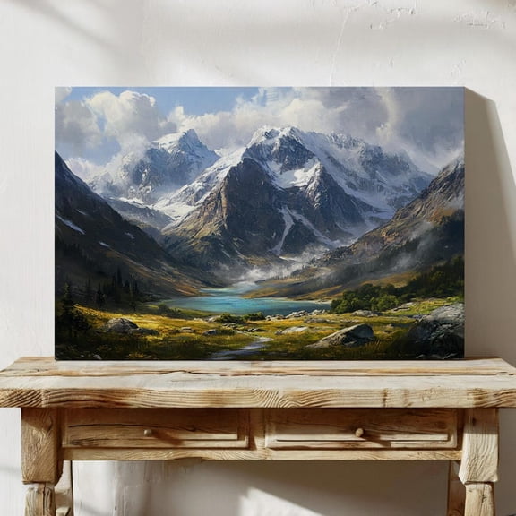 Velto Majestic Mountain Canvas Wall Art Alpine Lake with Snowy Peaks Scenic Wilderness Valley Scene, SIZE 16x24 INCLUDE Pine Wood Frame 0.75-Inch