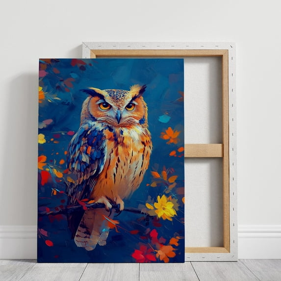 Velto Majestic Owl Canvas Art Vibrant Wildlife Illustration Colorful Owl with Floral Accents Bold Nature Inspired Wall Decor, SIZE 12x18 INCLUDE Pine Wood Frame 1.25-Inch
