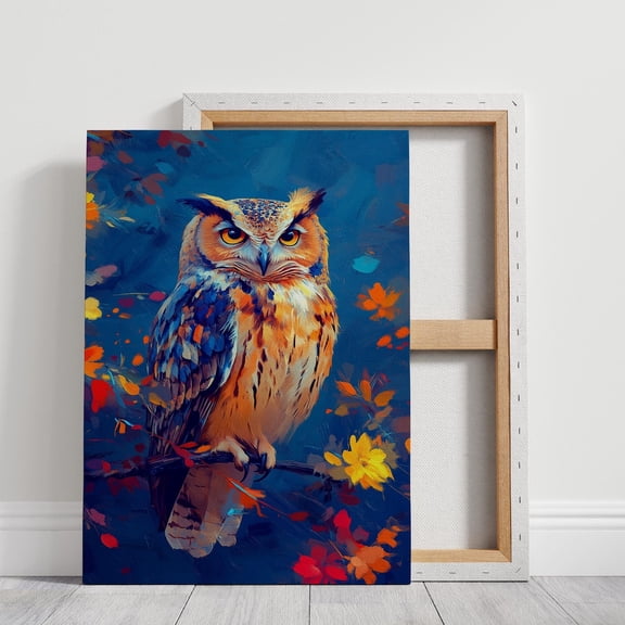 Velto Majestic Owl Canvas Art Vibrant Wildlife Illustration Colorful Owl with Floral Accents Bold Nature Inspired Wall Decor, SIZE 8x10 INCLUDE Pine Wood Frame 1.25-Inch