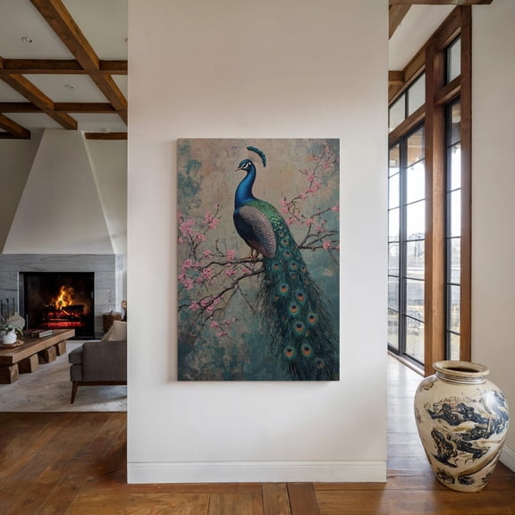 Velto Majestic Peacock Canvas Art Vibrant Exotic Bird Illustration Blossoming Floral Nature Inspired Wall Decor, SIZE 8x10 INCLUDE Pine Wood Frame 1.25-Inch