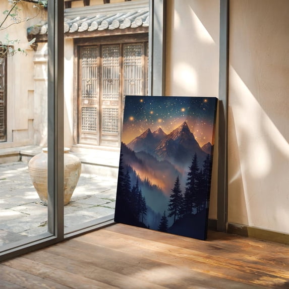 Velto Majestic Starry Mountain Landscape Canvas, Mystical Forest Peaks Twilight Nature Scene for Rustic or Boho Home Decor, SIZE 16x24 INCLUDE Pine Wood Frame 0.75-Inch