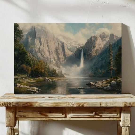 Velto Majestic Waterfall Cascading Through Mountains with River Reflections, SIZE 12x18 INCLUDE Pine Wood Frame 1.25-Inch