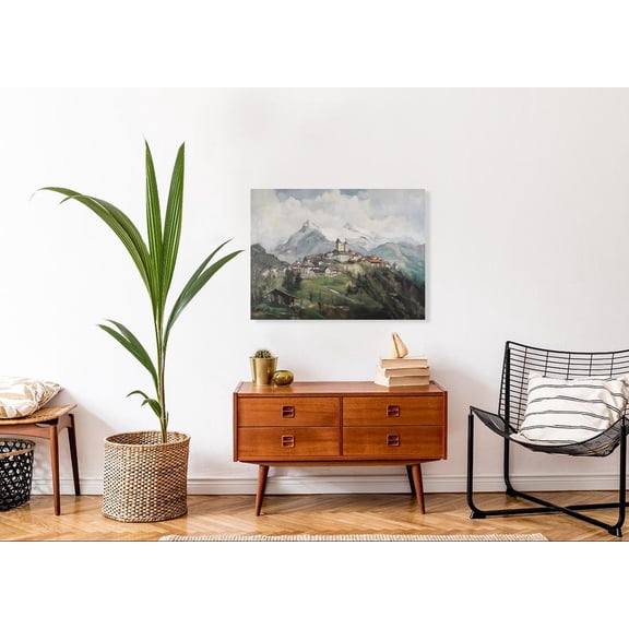 Velto Medieval Castle Alpine Village, Mountain Landscape Art, European Countryside, Classic Impressionist Canvas, 8x12 0.75-Inch Pine Wood Frame