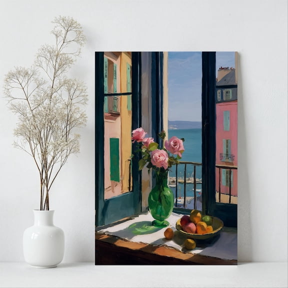 Velto Mediterranean Kitchen Canvas, Ocean Window View Wall Art, Lemon Still Life Summer Home Decor, SIZE 8x12 INCLUDE Pine Wood Frame 1.25-Inch