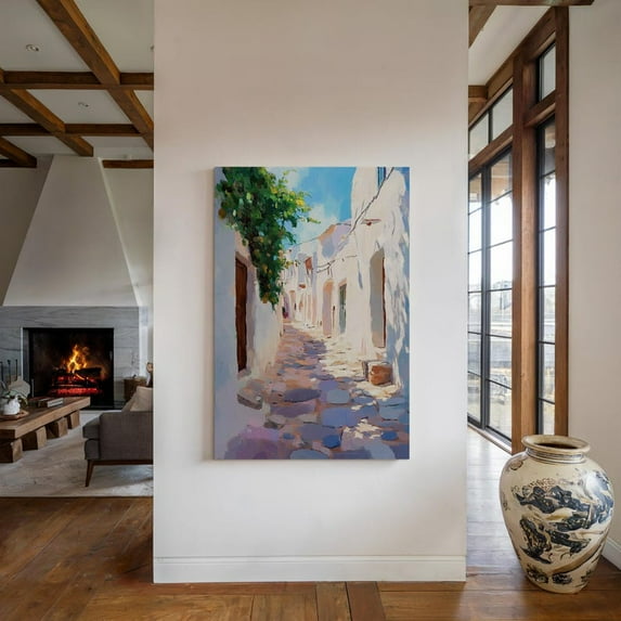 Velto Mediterranean Village Canvas Wall Art Rustic European Street Scene Warm Sunlit Architecture Decor, SIZE 8x10 INCLUDE Pine Wood Frame 0.75-Inch