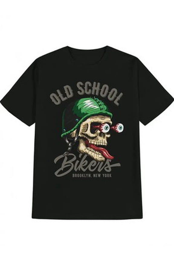 Men's Casual Round Neck T-Shirt with "Old School Bikers" Graphic - Polyester, Ma All Size S-5XL