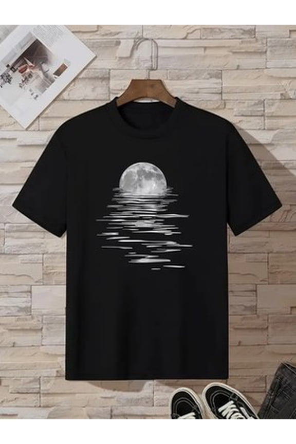 Men's Stylish Moon Creative Print T-Shirt, Crew Neck Short Sleeve, Casual Tee, V All Size S-5XL
