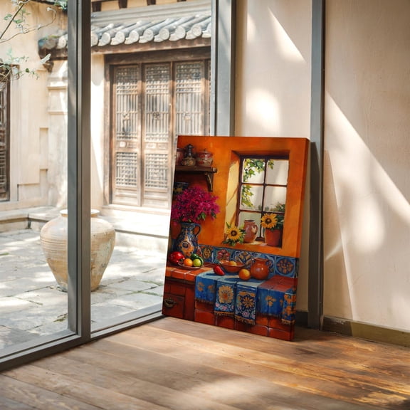 Velto Mexican Kitchen Canvas With Sunflowers And Talavera Tiles, Colorful Still Life Wall Art With Citrus And Red Clay Pottery Décor Canvas, 8x10 UNFRAMED