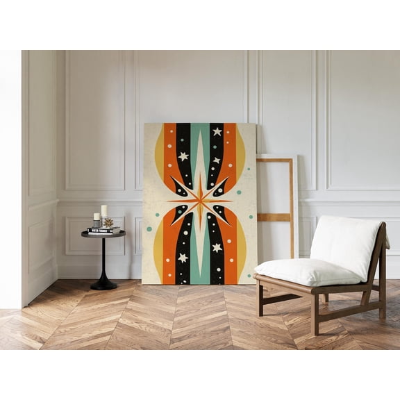 Velto Mid Century Modern Canvas Retro Starburst In Orange Teal And Black, Atomic Geometric Vintage Abstract Wall Decor Canvas, 12x16 UNFRAMED
