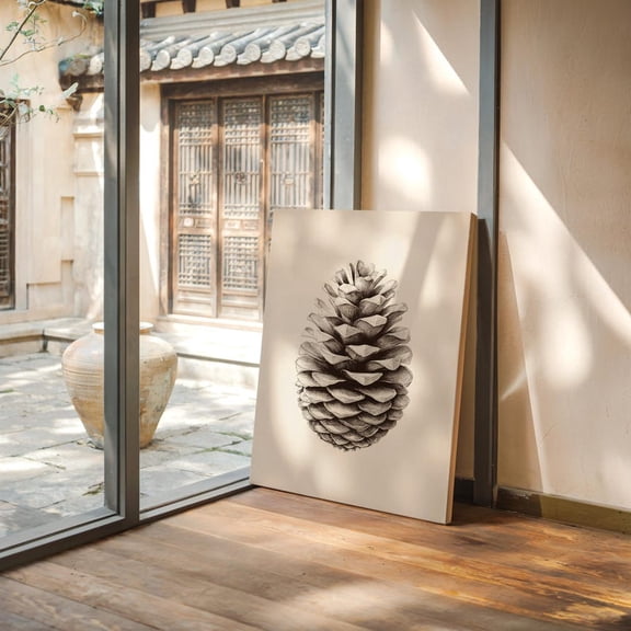 Velto Minimal Pine Cone Canvas Art Vintage Botanical Ink Drawing Rustic Woodland Winter Wall Art, SIZE 8x10 INCLUDE Pine Wood Frame 1.25-Inch