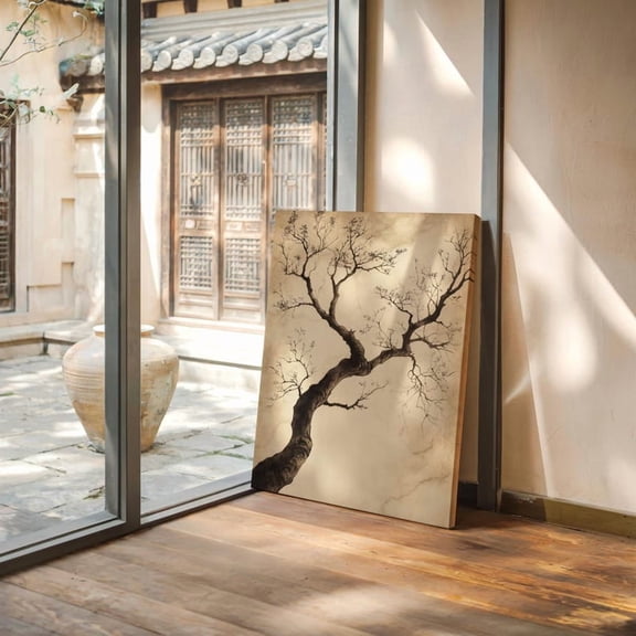 Velto Minimalist Ink Tree Drawing Canvas Vintage Japanese Aesthetic Rustic Zen Botanical Line Art for Neutral Decor, SIZE 8x10 INCLUDE Pine Wood Frame 1.25-Inch