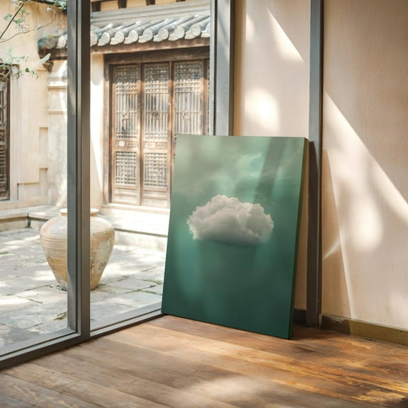 Velto Minimalist White Cloud On Mint Green Sky – Serene Floating Cloud Canvas Wall Art For Calm, Whimsical, Modern & Dreamy Room Decor Canvas, 16x24 0.75-Inch Pine Wood Frame