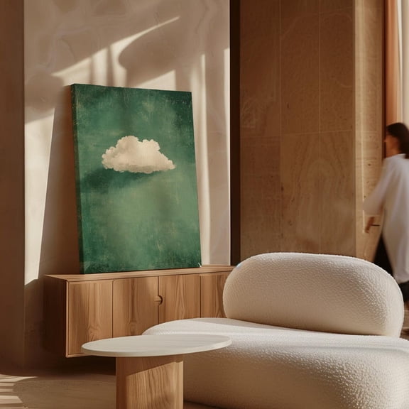 Velto Minimalist White Cloud on Green Canvas Art Abstract Modern Nature Inspired Calm Wall Decor, SIZE 12x18 INCLUDE Pine Wood Frame 1.25-Inch