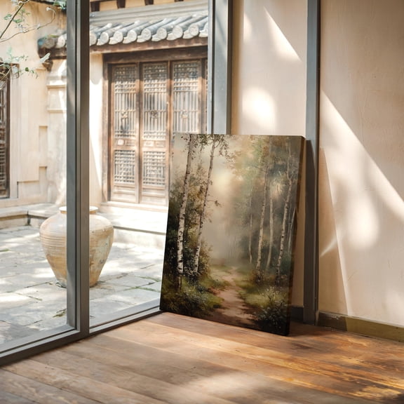 Velto Misty Birch Forest Path Canvas, Serene Woodland Scene for Home or Office, SIZE 12x16 INCLUDE Pine Wood Frame 1.25-Inch