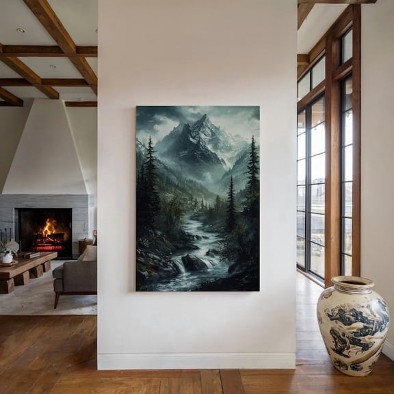 Velto Misty Mountain River Canvas Dark Moody Landscape Alpine Forest Wall Art Wilderness Nature Rustic Cabin Home Decor, SIZE 8x10 INCLUDE Pine Wood Frame 1.25-Inch